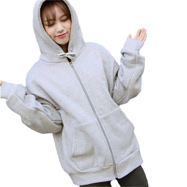 

autumn and winter new hooded with zipper fashion casual pocket solid color plus velvet loose harajuku woman sweatshirts, Black