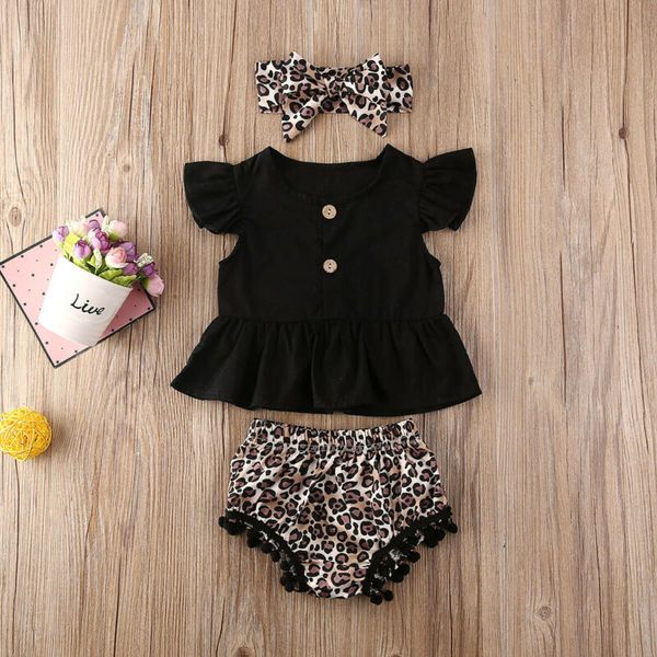 

summer newborn kid baby girl boy clothes sets ruffle sleeve t-shirts tassel shorts leopard fashion set, White