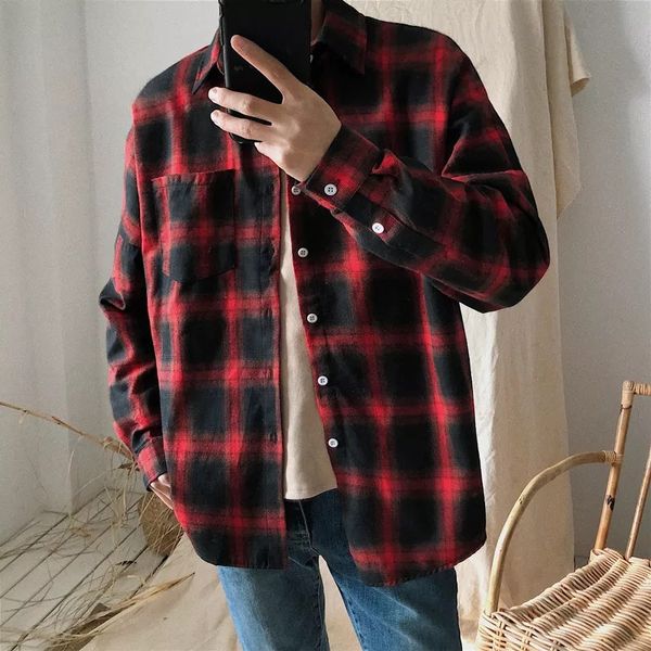 

men shirt autumn and spring new brand hip-hop retro lapel shirt men fashion streetwear lattice single breasted shirts, White;black