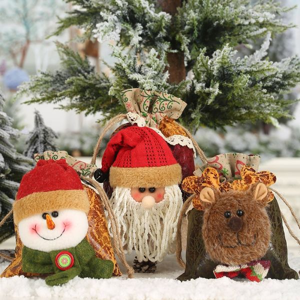 

christmas apple bags with small plush doll ornament drawstring candy treat gift bags for holiday party favor decoracion navidad