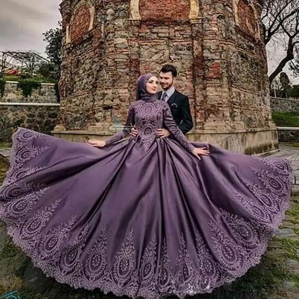 

vintage ball gown purple muslim wedding dresses high neck long sleeve lace appliques turkey wedding gowns, White