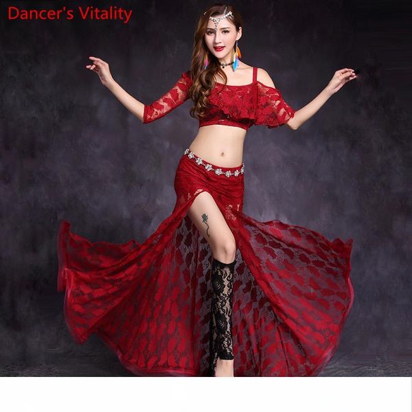 

2018 новый женский танец живота костюм комплект bellydance костюм дамы танец живота кружевная юбка топ 2 шт. комплект сценической танцевальн, Black;red