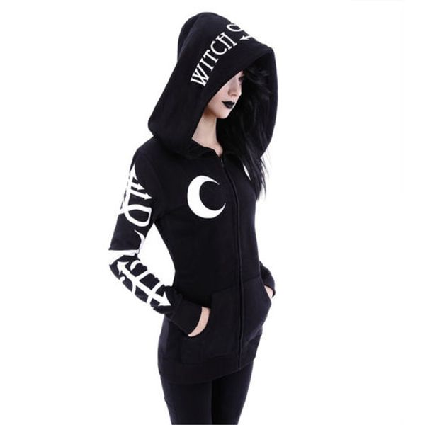 

women hoodies gothic punk moon letter print sweatshirts autumn winter long sleeve black jacket zipper coat casual hoody 2xl