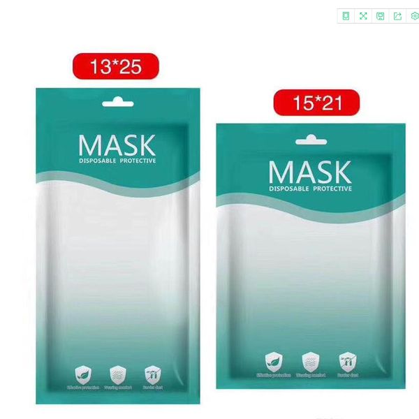 

dhl 13*25cm 15*21cm zipper plastic opp retail packaging bags for disposable face mask 3 layer mask hang hole package bag