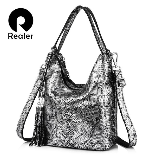 

realer women genuine leather handbag female large shoulder crossbody bag ladies messenger bags hobos bag with tassel silver/pink