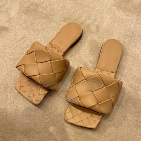 

slippers square slides 2021 est women toe weave flat designer summer outdoor slipper beach sandals, Black