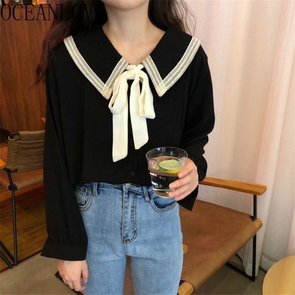 

women's blouses & shirts oceanlove 2021 chiffon women bow sweet student korean fashion ins solid spring blusas 15071, White