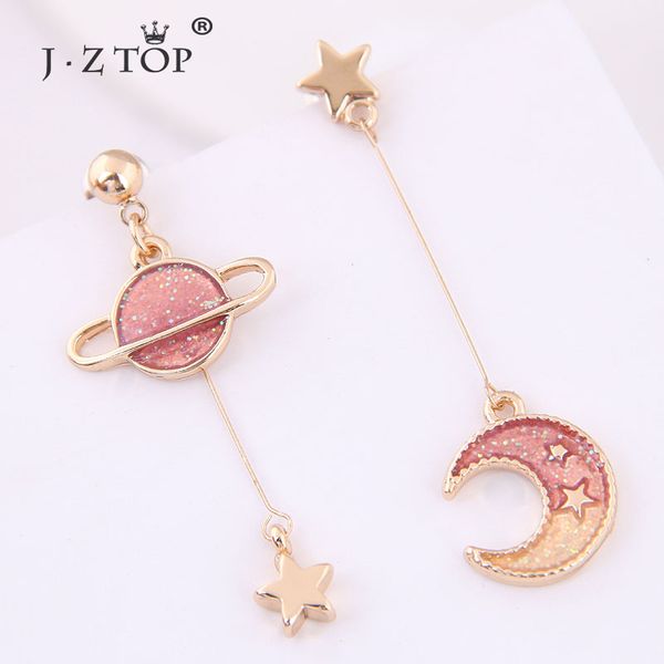 

women asymmetrical star moon drop earrings pink planet long pendant earrings fashion jewelry accessories female, Silver