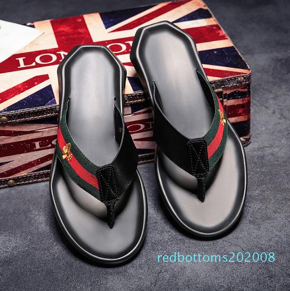 

est men's brand designer slipper europe and america bee fashion flip flops genuine leather men beach non-slip trend sandals slippers r0, Black