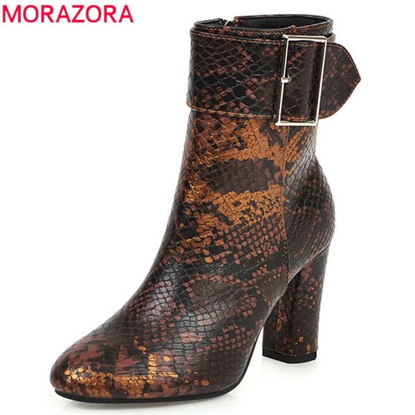 

morazora 2020 new arrival women ankle boots snake buckle zip autumn winter booties fashion high heels shoes woman big size 43, Black