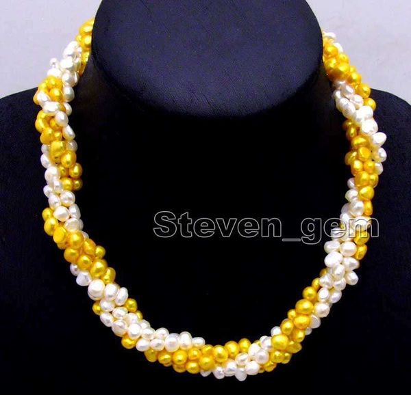 

two strands 6mm white and yellow baroque pearl combination 18" set necklace, Silver