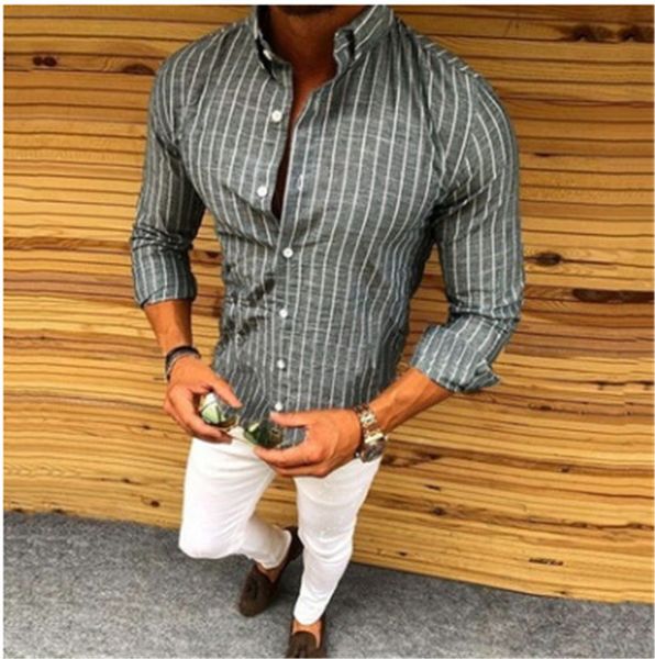 

casual mens designer shirts fashion stripe printed long sleeve lapel neck single breasted shirts fashionable mens clothing, White;black