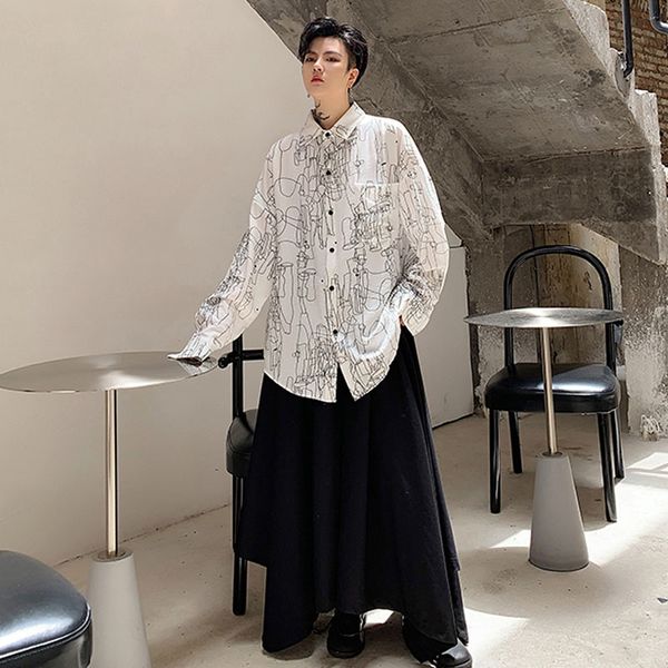 

men vintage streetwear hip hop long sleeve line print loose casual shirt male fashion party dress shirts stage show costumes, White;black