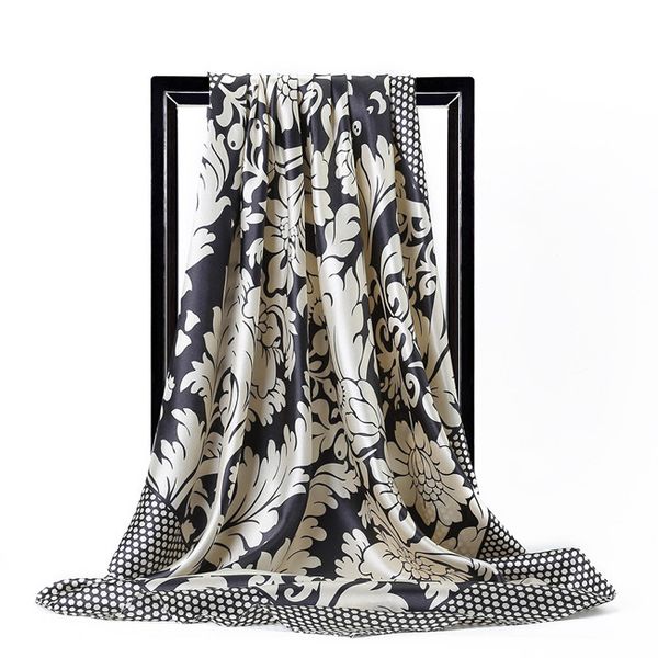 

retro chinese style black and white flowers 90 * 90cm square scarf simulation silk scarf muslim headscarf high-end designer brand scarf simu, Blue;gray