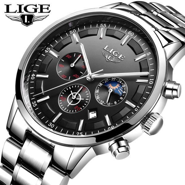 

relogio lige 2018 мужчина для новых людей часы хронограф полный нержавеющей стали спортивный водонепроницаемый кварцевые часы man, Slivery;brown