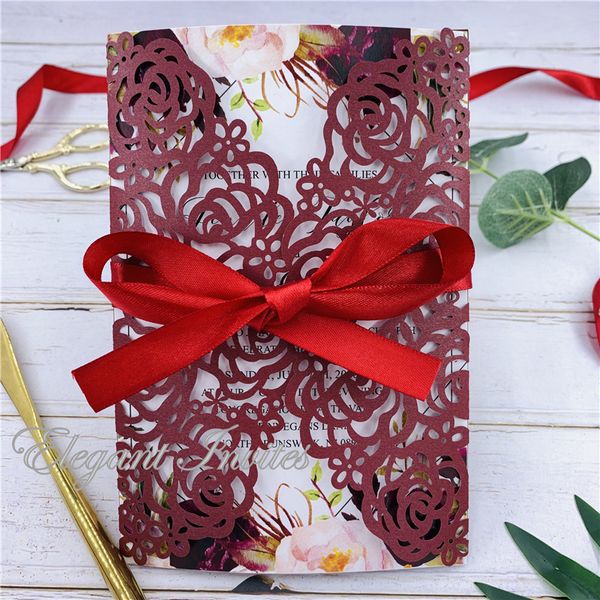 Luxury Elegant Burgundy Laser Cut Wedding Invitations Card Paper