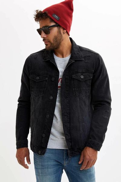 

defacto man black lapel denim joker short jacket casual pocket streetwear fashion tide slim denim jacket -l1830az19au, Black;brown