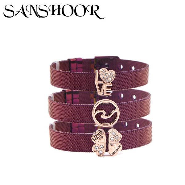 

dropshipping sanshoor jewelry purple various single slide charms fit 10mm stainless steel mesh bracelet set & bangle for women, Golden;silver