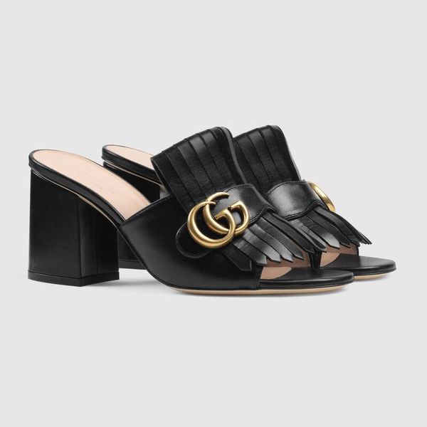 

popular style all black white genuine leather women's thick heel slide sandal 453495 luxurys footwear designers sandal 35-42