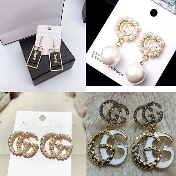 

new arrival brand designer earrings g letter fashion women earrings luxury rhinestone personality charming pearl hoop earrings, Gray