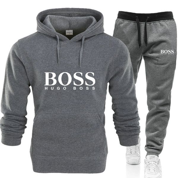 

designers bosses tracksuit men hugo new brand autumn winter hooded sweatshirt +drawstring pants male stripe patchwork hoodies suit, Gray
