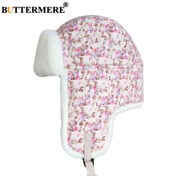 

buttermere pink bomber hats female floral cotton fur cap women winter russian ushanka outdoor ladies thicker ear flaps pilot hat, Blue;gray