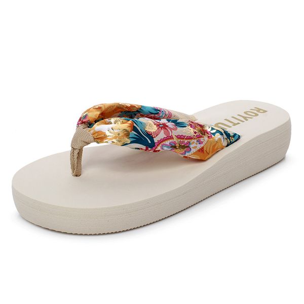 

Summer New Female Bohemian Silk Thick-soled House Flip-flops Beach Slippers Designer Sandals 4 Colors Size 35-42