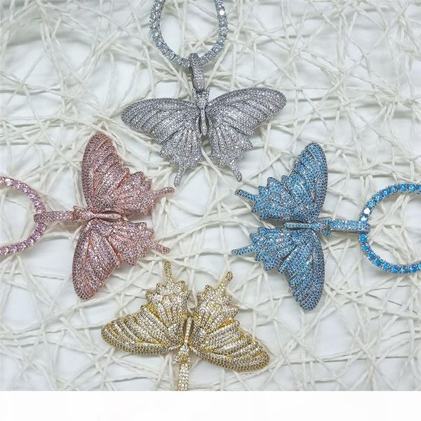 

4 colors for options gold plated micro paved cz cubic zircon diamond butterfly necklace with cz tennis chain for men women gift, Silver