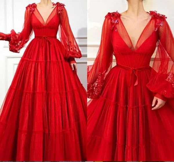 

2020 new red a line long sleeve v neck elegant evening dresses robes de cocktail special occasion party prom gown dresses, Black;red