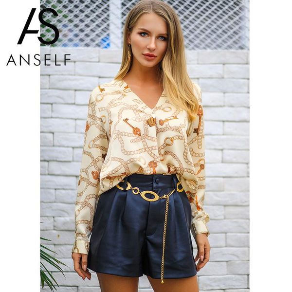 

women blouse shirts satin faux silk contrast chain print v neckline long sleeve blouse 2019 spring autumn loose female tunic, White