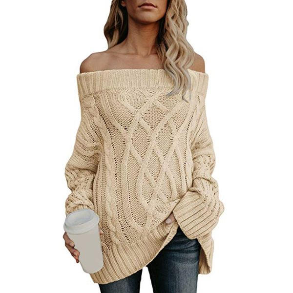 

women sweater autumn winter warm thicken off shoulder sweaters fashion 2019 women slash neck solid color sweaters ladies, White;black