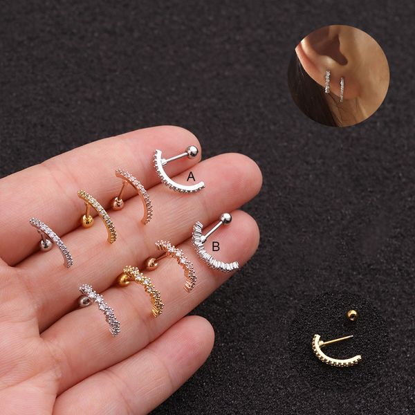 

new creative cz zircon thin line ear piercing earrings for women stainless steel screw earrings tiny helix cartilage jewelry, Golden;silver