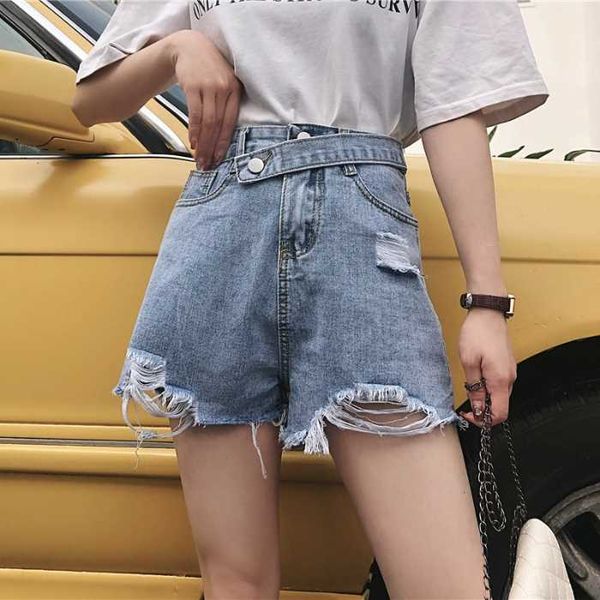 

women's jeans summer fashion vintage denim shorts women korean casual loose hole lady scratched short pants, Blue