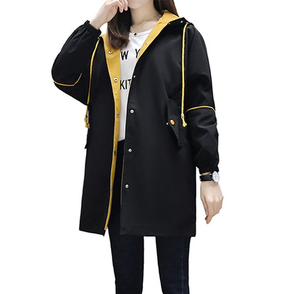 

2019 autumn women trench coat plus size hoodie windbreaker solid pockets button coat causal long sleeve outerwear overcoat r101, Tan;black