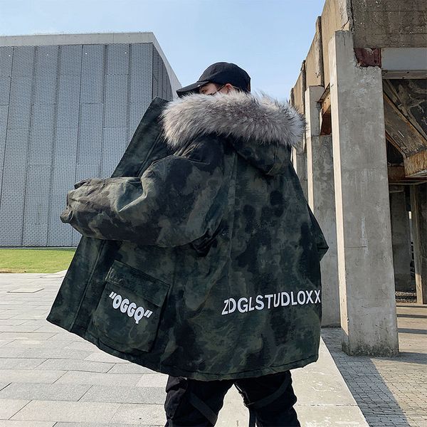 

winter camouflage cotton sweater fur collar national tide tooling cotton jacket men's long hooded loose oversize coat, Tan;black