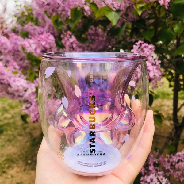

summer new starbucks purple sakura cat claw glass cup double cherry blossom fruit juice coffee mug 237ml gift for girl