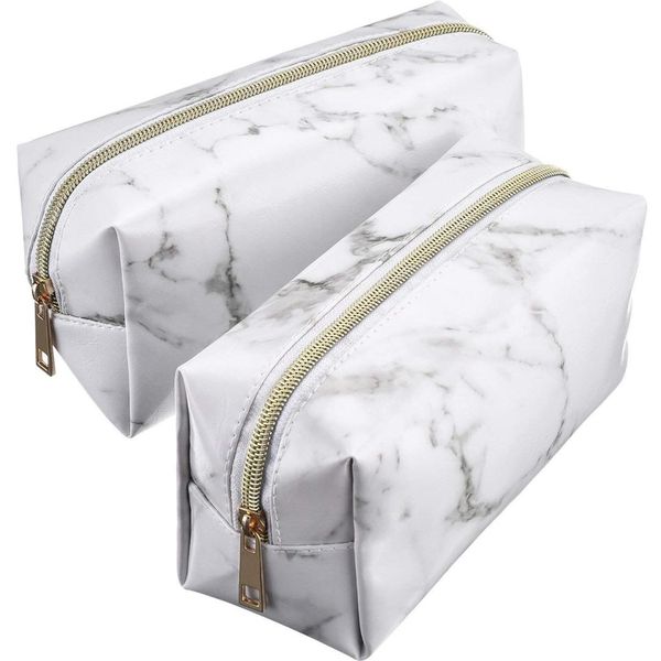 

hch-2 pieces cosmetic toiletry makeup bag pouch gold zipper storage bag marble pattern portable makeup brushes