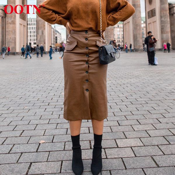 

ootn brown leather high waist skirt women single-breasted office ladies elegant long skirts winter autumn midi skirt pocket 2019, Black