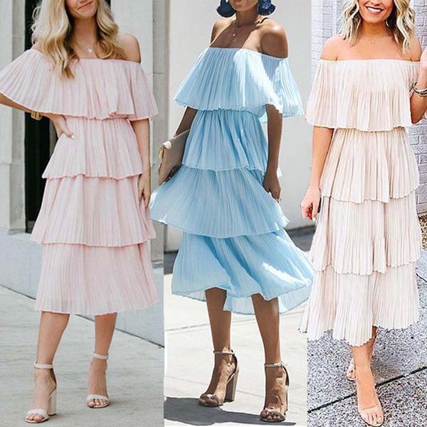 

off shoulder women pleated long dress ruffle pink elegant summer dress 2019 casual chiffon fashion female beach vestidos, Black;gray