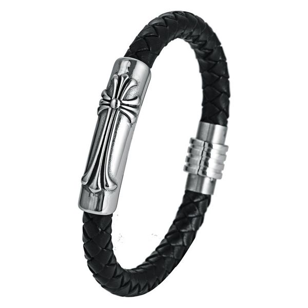 

manufacturers direct selling europe and america titanium steel magnetic snap leather bracelet weaving leather rope stainless ste, Silver