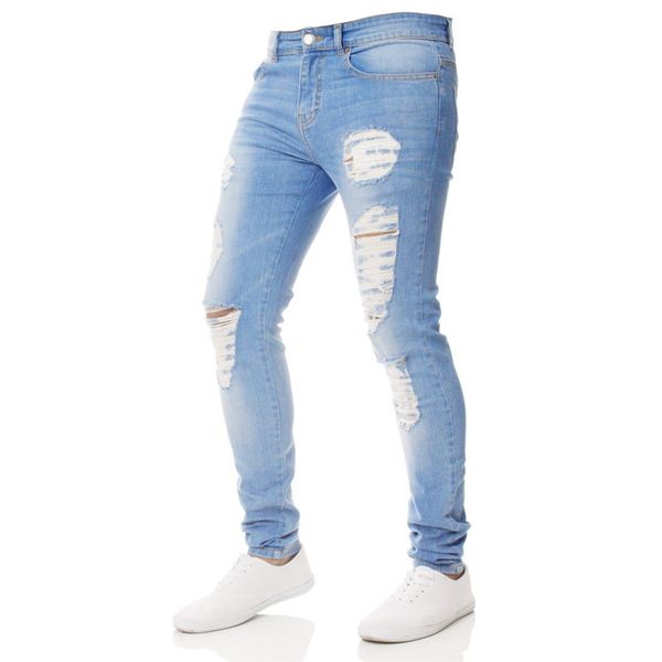 

ripped jeans for men washed slim biker zipper denim jeans streetwear skinny frayed pants distressed rip trousers e21, Blue