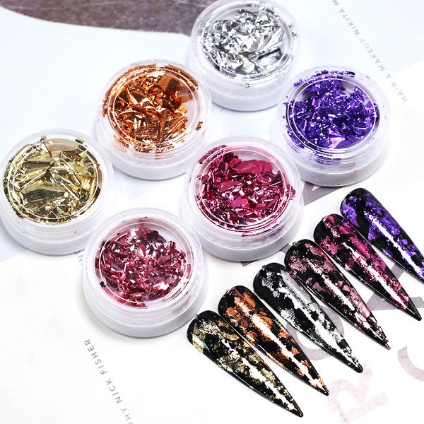 

6 box aluminum flakes nail sequins nail glitter powder irregular mirror gold pigment art decoration foil paper, Silver;gold