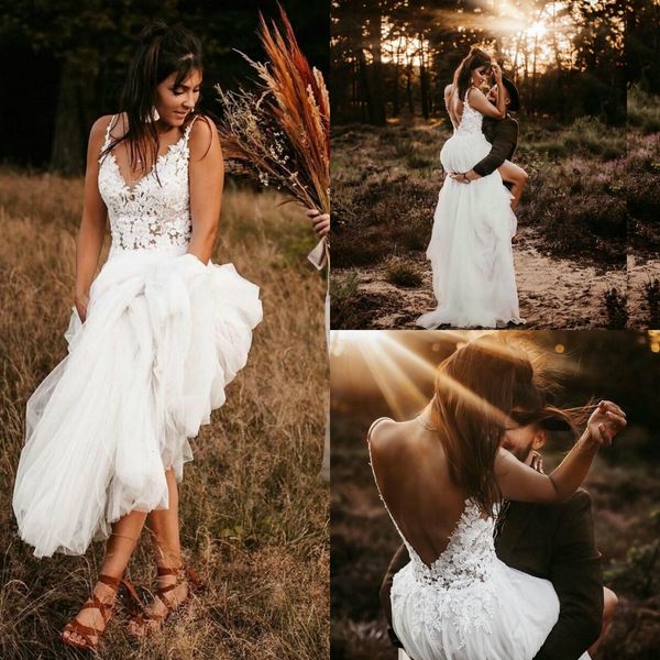 

simple bohemian wedding dresses spaghetti lace appliqued a line beach wedding dress backless custom made sweep train vestidos de novia, White