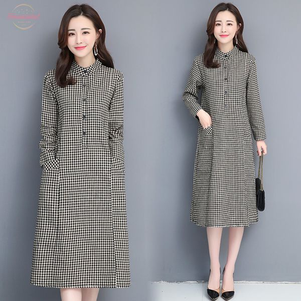 

vintage plaid printed cotton linen plaid dress for women casual loose maxi dresses long sleeve stand collar shirt dress elbise mujer, Black;gray