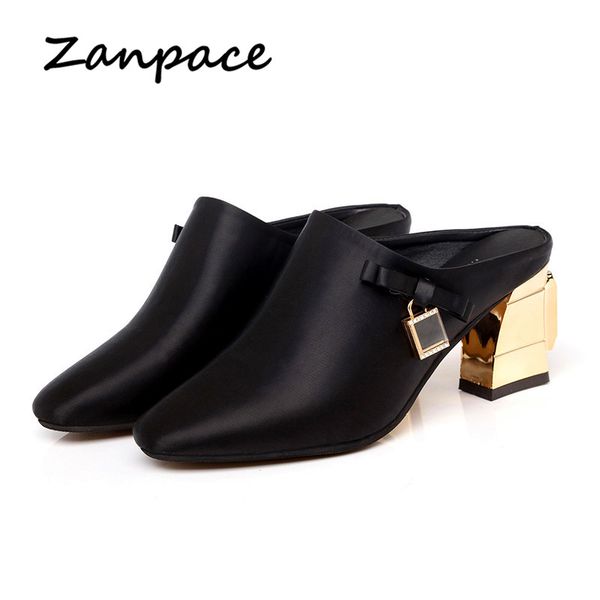 

zanpace new 2019 slippers women shoes joker women's sandals slip on high heel slippers fashion rhinestone ladies, Black