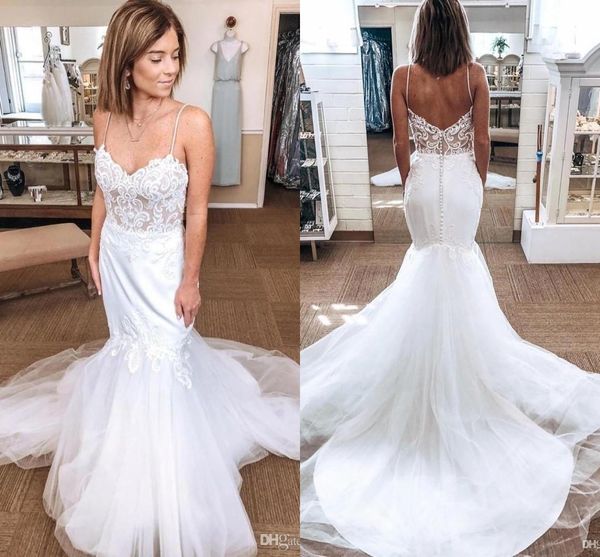 

секси стройная русалка свадебное платье пляж бретельках backless иллюзия платье кружева аппликация тюль свадебные платья на заказ vestidos d, White