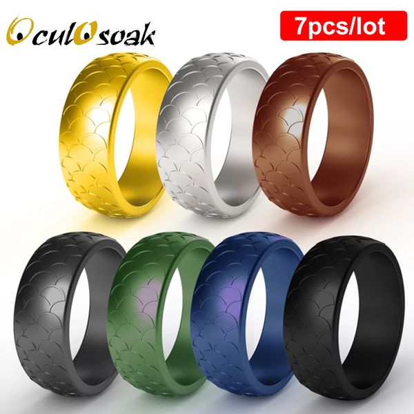 

fish scale sports silicone ring for men rubber wedding bands hypoallergenic antibacterial soft silicona finger rings size 7-14, Slivery;golden