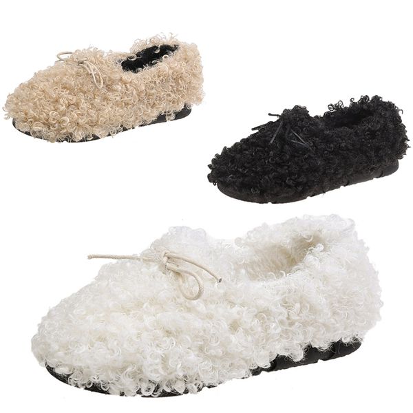 

whole sale fur shoes female 2020 autumn new sale dropshipping bow flat peas shoes beige black lazy warm plus velvet shoes size 35-40