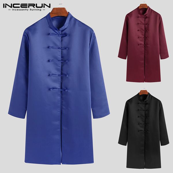 

incerun fashion hanfu men pure color long sleeve retro single breasted shirt robe casual slim mens collar long blouse streetwear, White;black