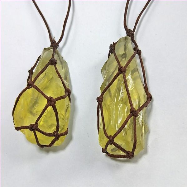 

10 pcs handmade weave irregular shape yellow citrines crystal pendant rope chain necklace charm jewelry, Silver